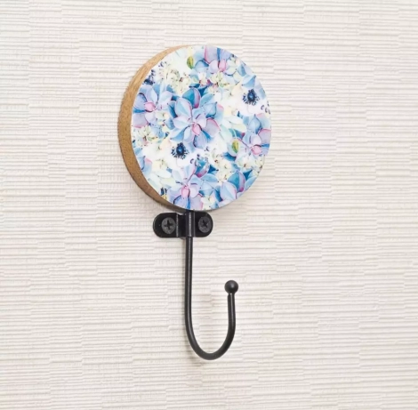 60342Multicolor Floral Pattern Round Wood and Resin Key Hooks for Hanging