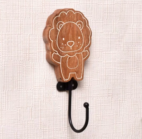 61206Brown Wooden Lion Wall Hooks For Kids
