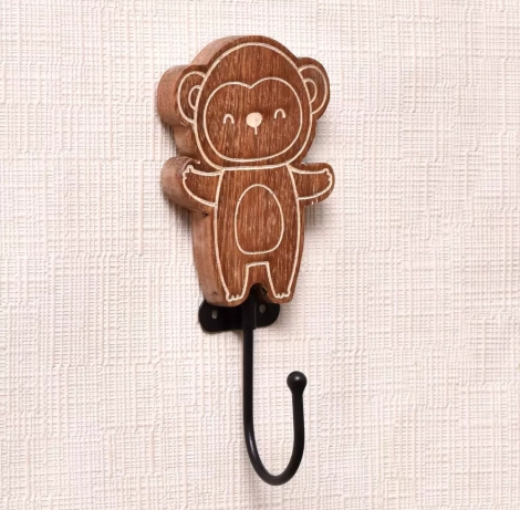 61214Brown Wooden Monkey Wall Hooks For Hanging